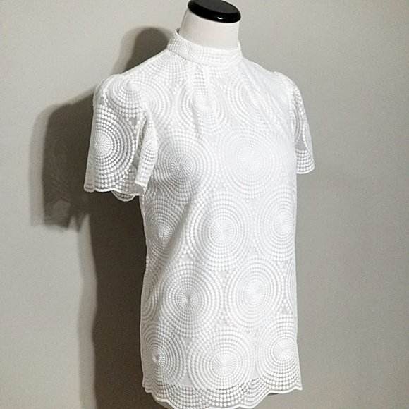 Trina Turk White Embroidered Mesh Top XS Short Puff Sleeve Blouse Mod Chic - Picture 6 of 14